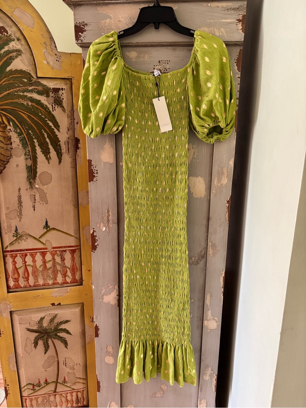 Never Fully Dressed Lime Green Smocked Puff-Sleeve Midi Dress